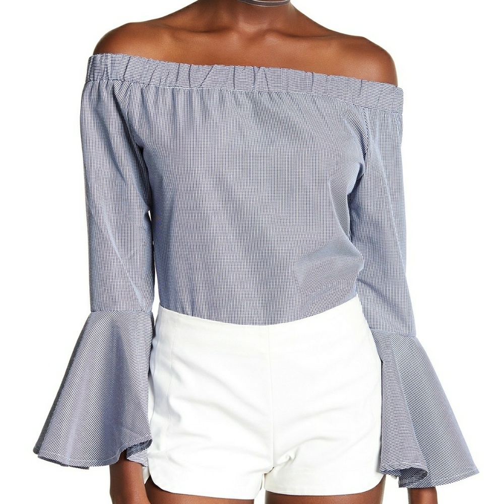 NWT Haute Rogue Blue Gingham off the shoulder top